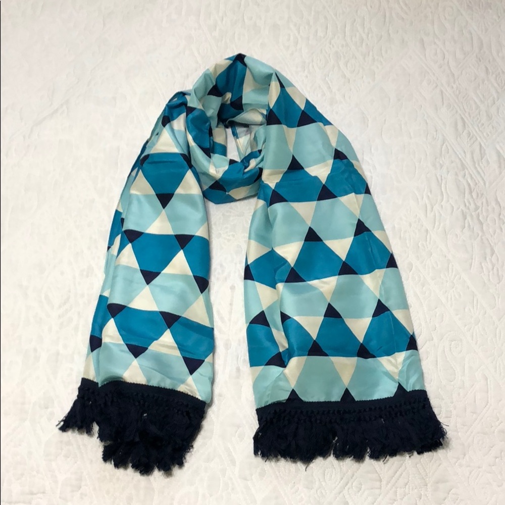 J Crew Blue & Cream Silk Tassel Scarf NWT